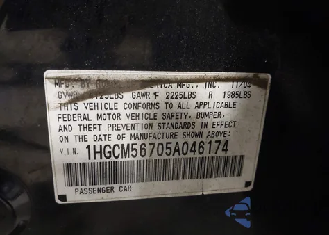 2005 Honda Accord 2.4 Ex from USA, damaged, VIN 1HGCM56705A046174